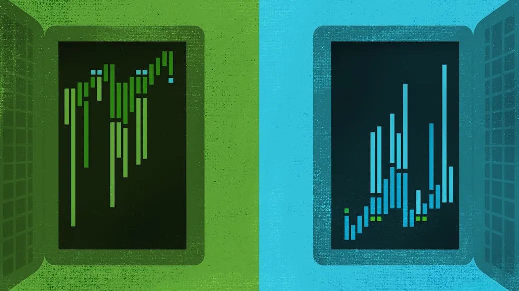 Two laptops turned sideways, one on a green background and one on a blue background.