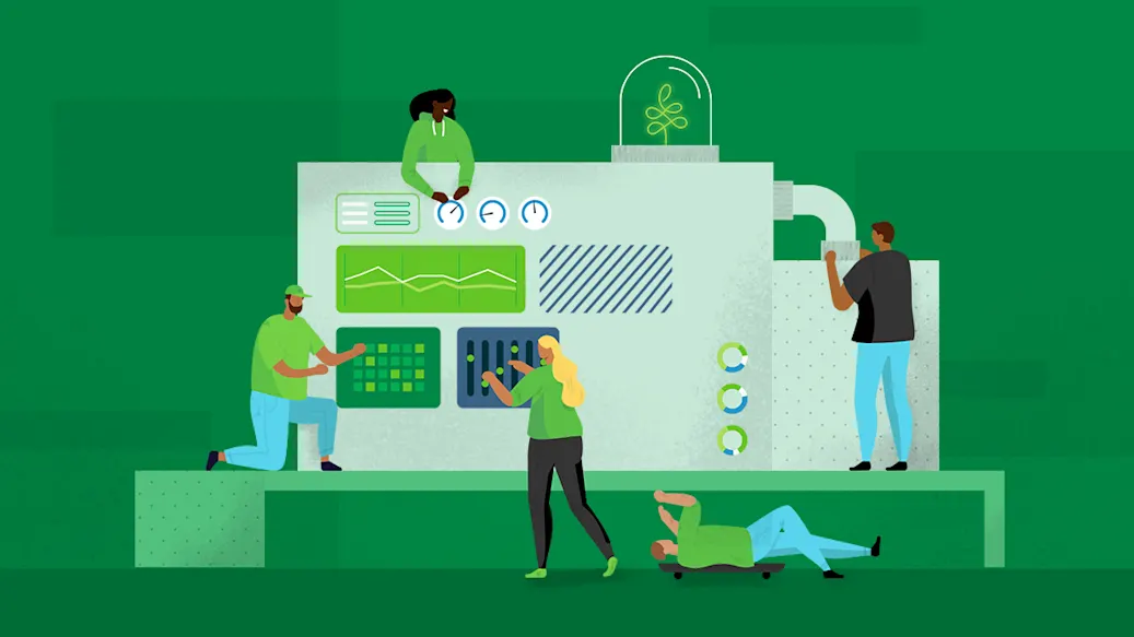  Developers manage a complex multi-purpose robotic machine and its holographic projection from a podium.