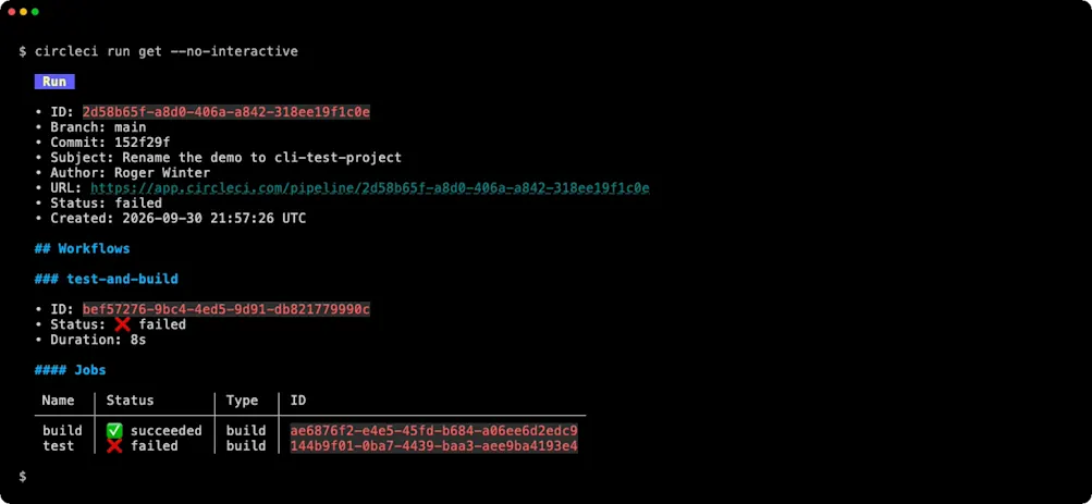 circleci run get showing the run, its test-and-build workflow, and the test and build jobs