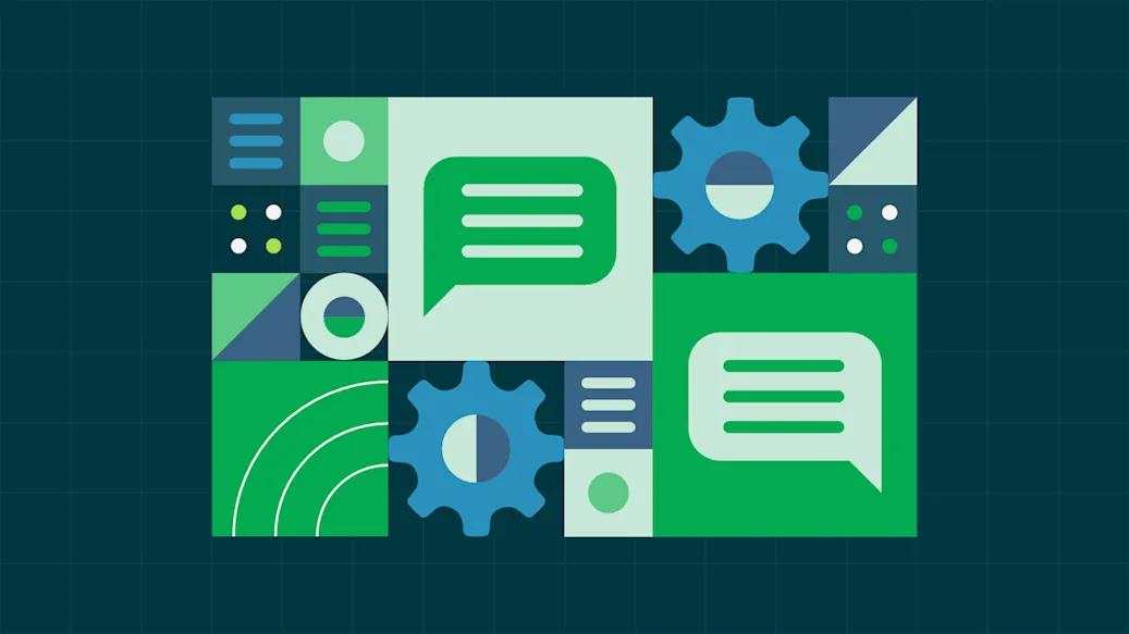 An abstract illustration of the LLMOps process with gears, chat bubbles, and menu icons.