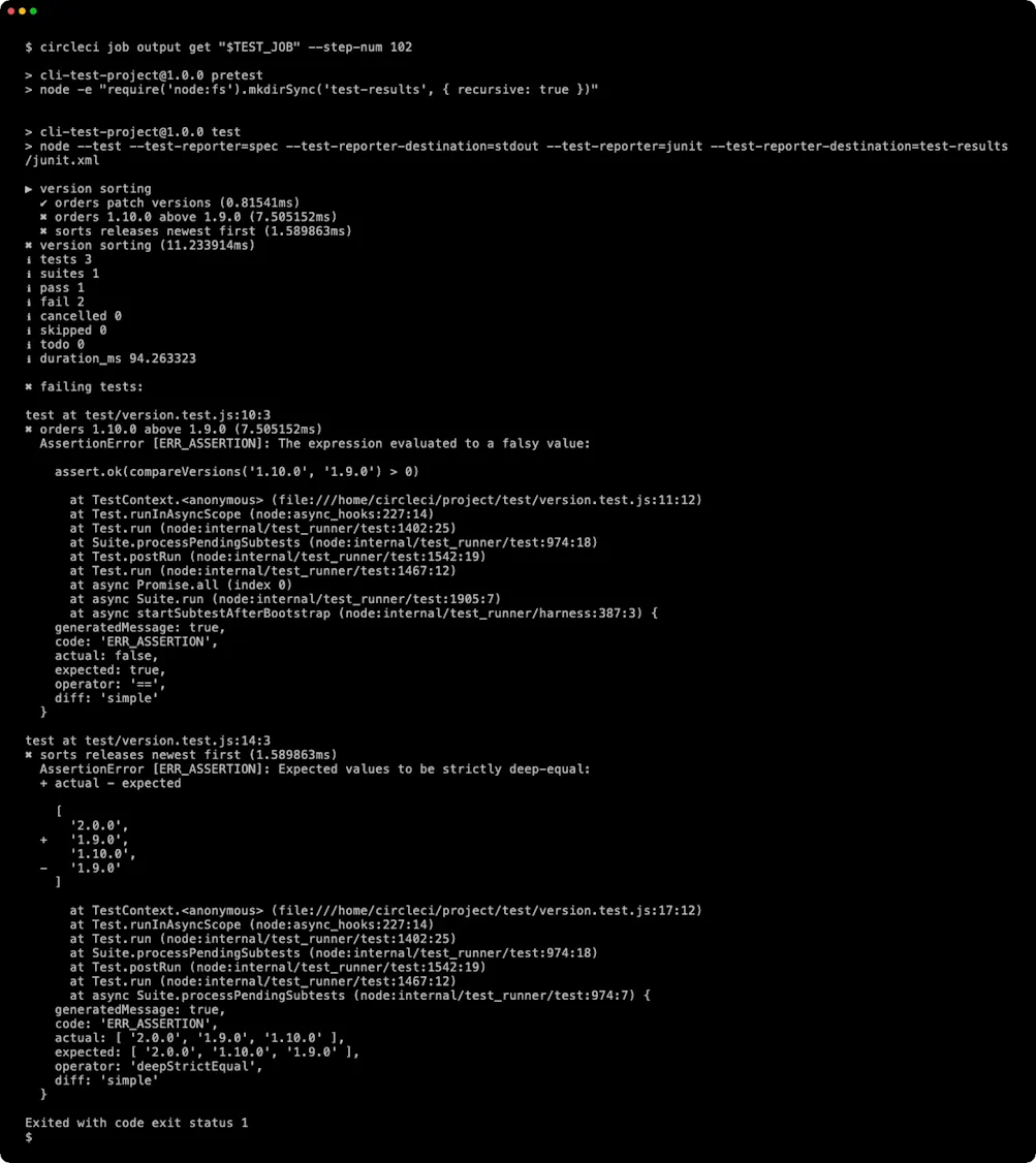 circleci job output get printing the full log of step 102