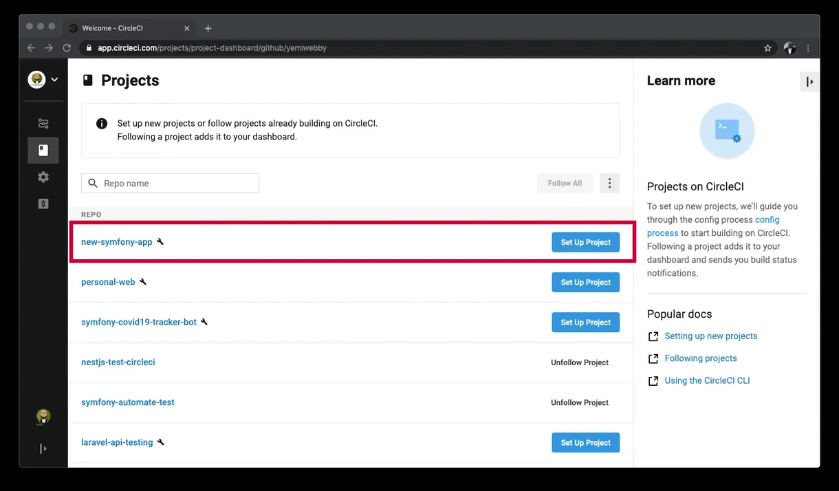 Automatic testing for Symfony applications - CircleCI