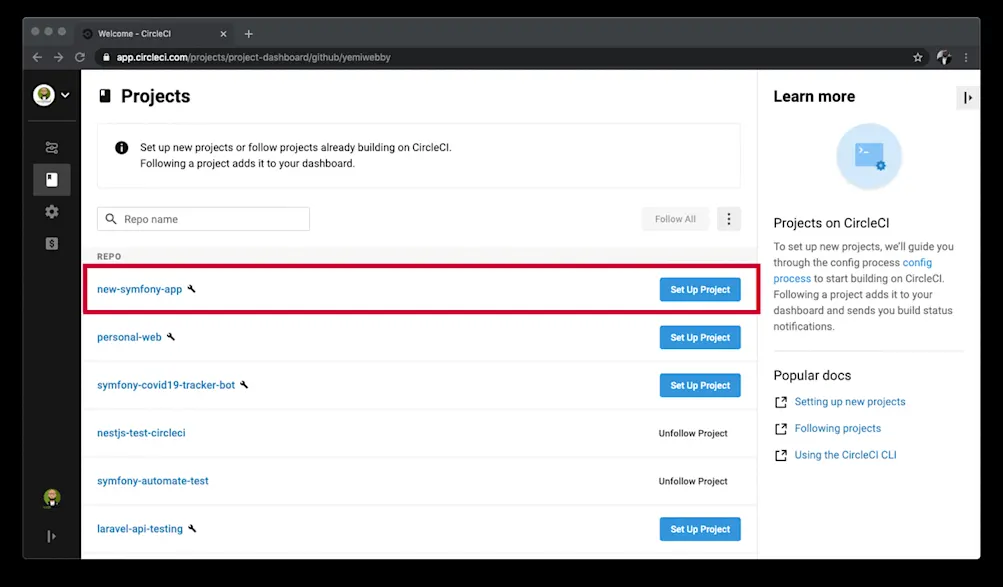 CircleCI project dashboard