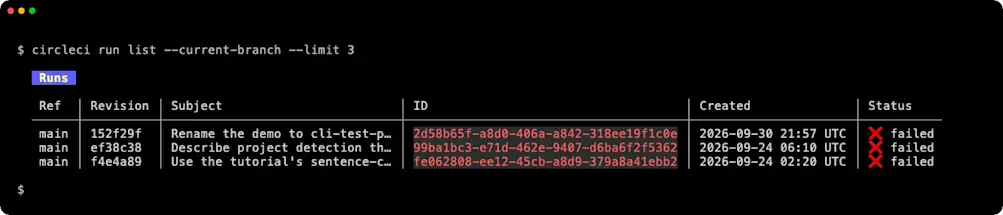 circleci run list showing recent failed runs on main