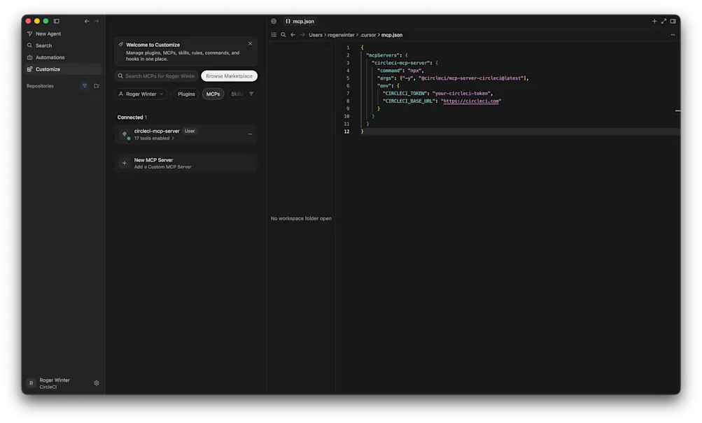 Connecting the CircleCI MCP Server to Cursor via Cursor MCP UI