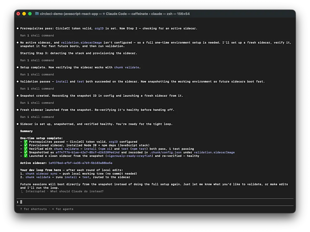 Claude Code output after running the chunk-sidecar skill, running tests, and taking snapshot