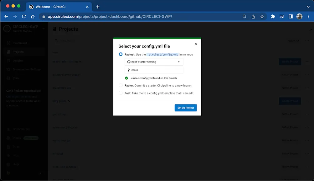 CircleCI 設定ファイルを選択する