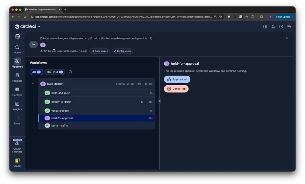 CircleCI pipeline view showing the build-deploy workflow paused at hold-for-approval. The job list shows build-and-push, deploy-to-green, and validate-green completed, with hold-for-approval awaiting input. A side panel offers Approve job and Cancel job buttons.