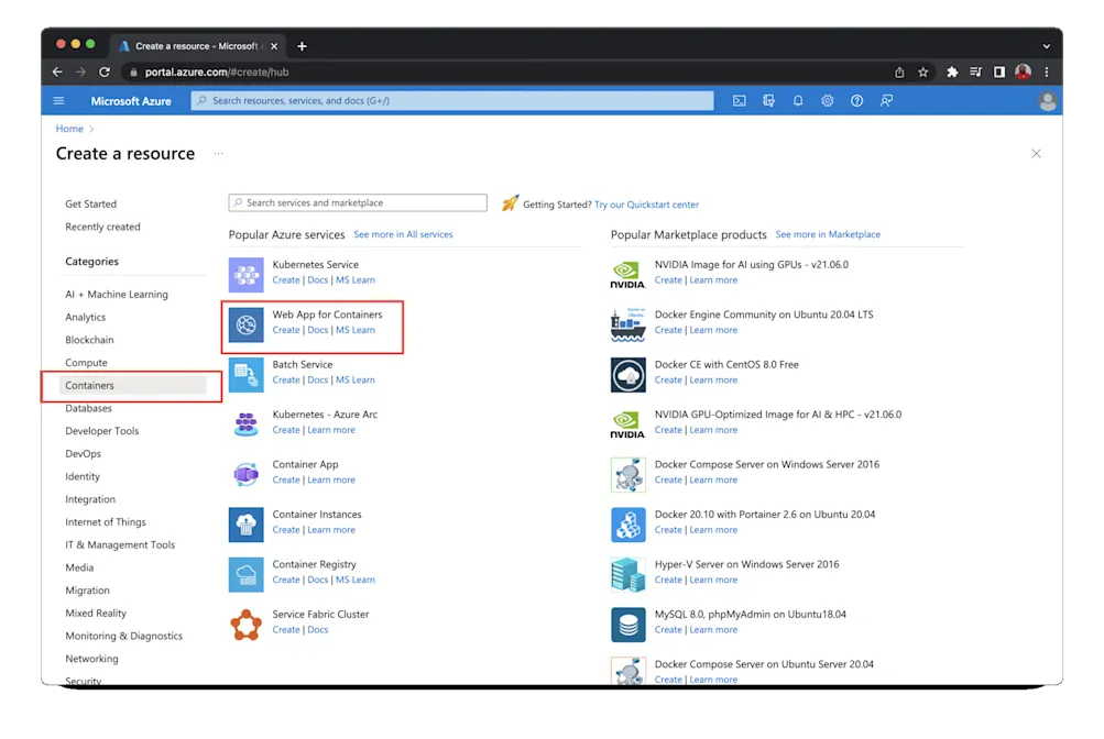 Create Web app for container