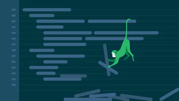 A chaos monkey swings from a stylized code structure, wreaking havok.