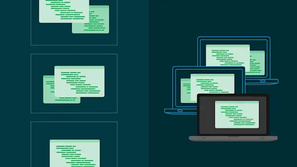 A stack of stylized groups of computer code next to a group of laptops displaying code elements.