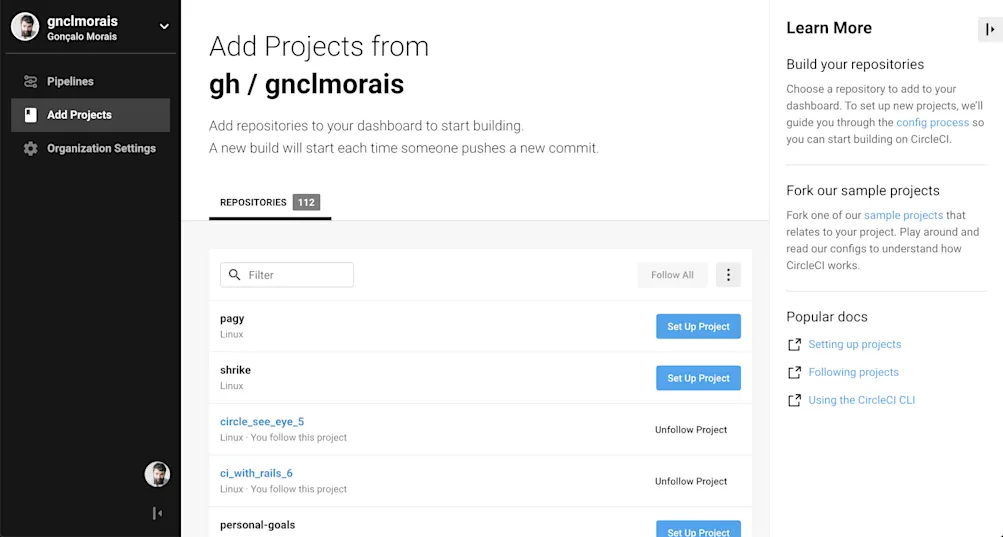 Add Projects from… screen of CircleCI