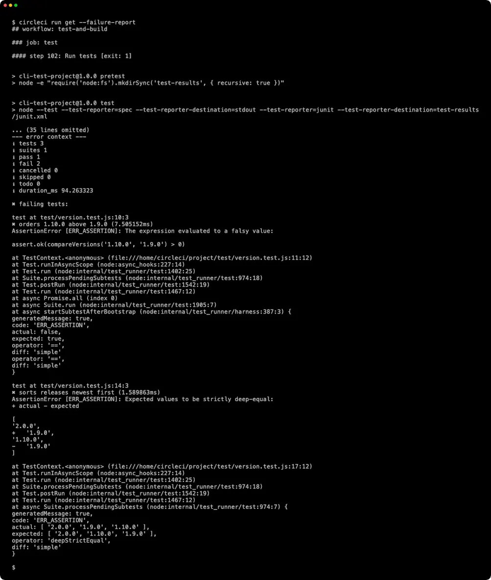 circleci run get --failure-report showing the failed step and both failing tests