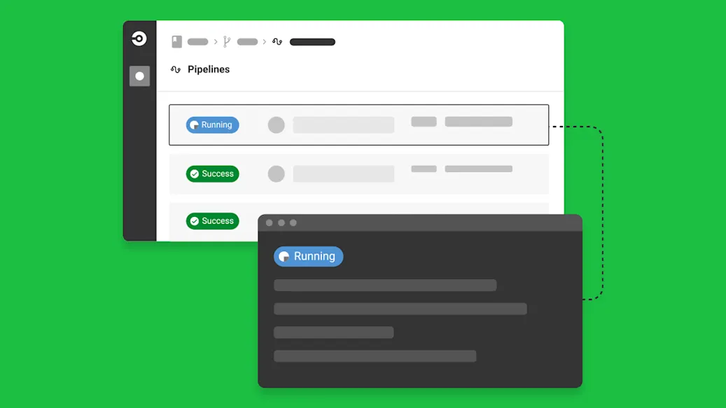 Stylized CircleCI user interface screen showing pipelines with a call out to details of a job that is running.