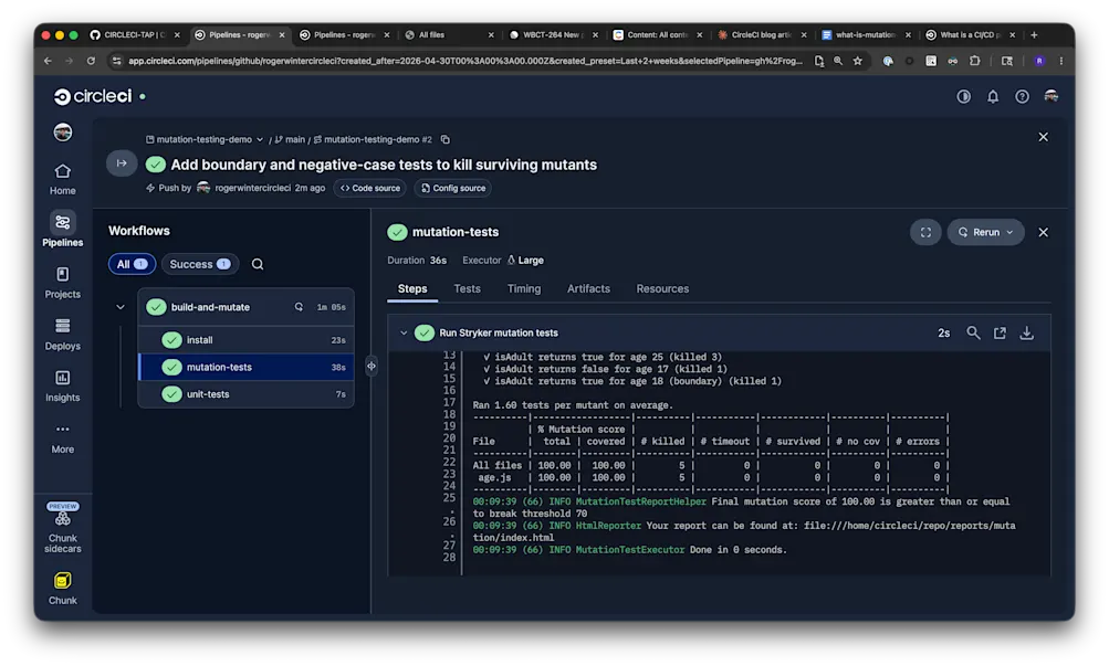 Green CircleCI pipeline after successful mutation testing experiment
