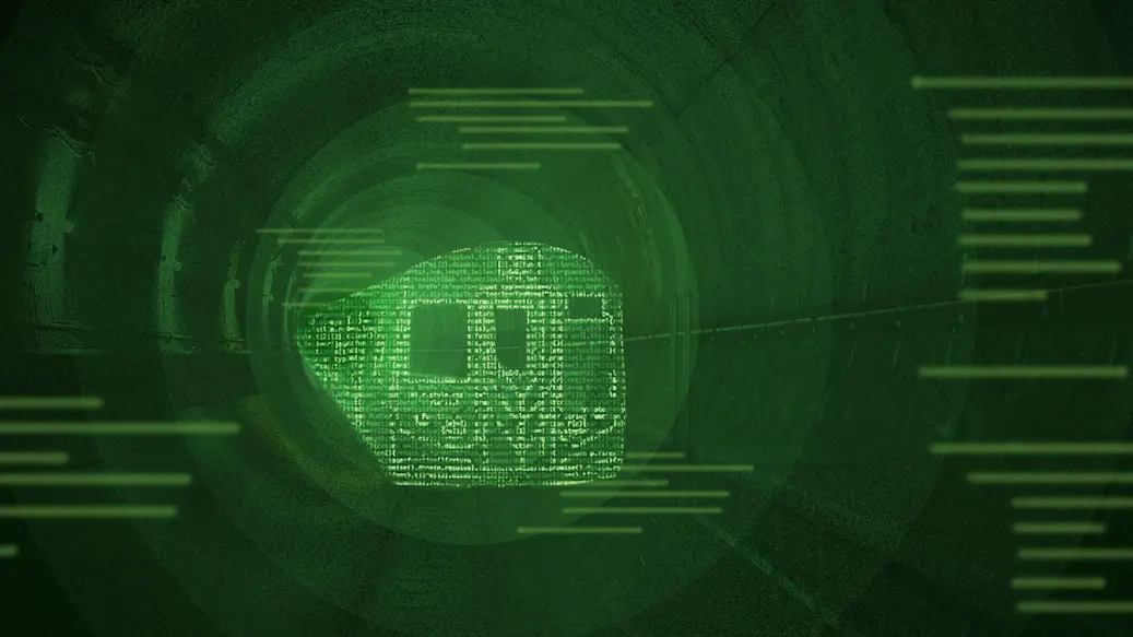 A train engine covered with lines of code emerges from a tunnel surrounded by code blocks.