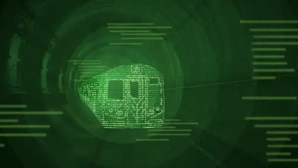 A train engine covered with lines of code emerges from a tunnel surrounded by code blocks.