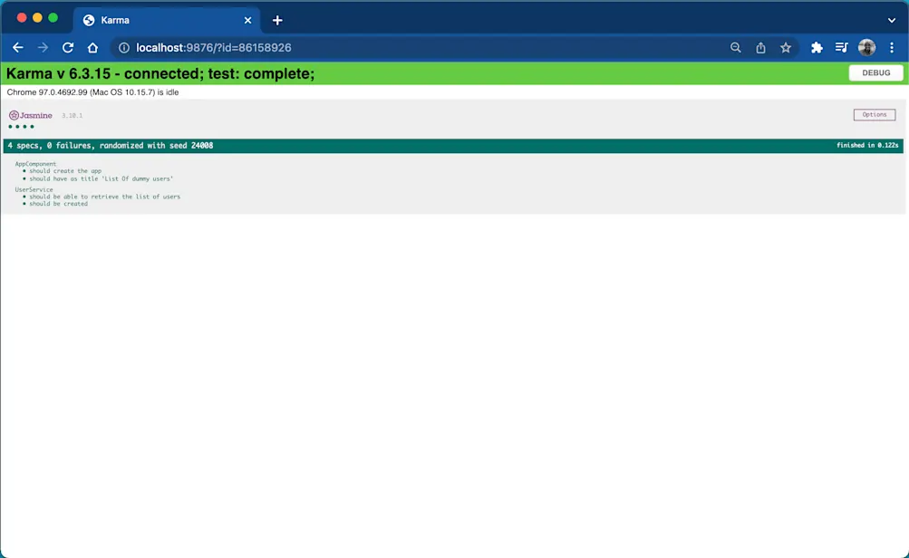 Karma test runner UI