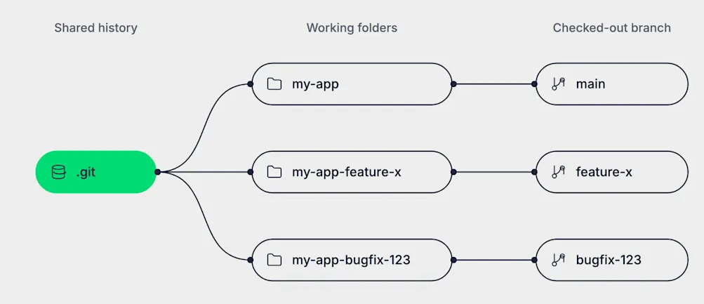 One .git folder holding shared history is linked to three working folders, each with its own checked-out branch