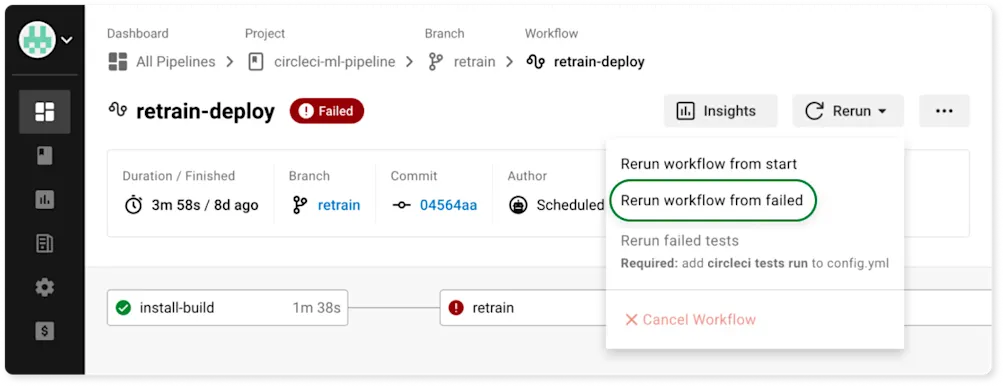 A screenshot showing how to rerun a failed job in the CircleCI web console.