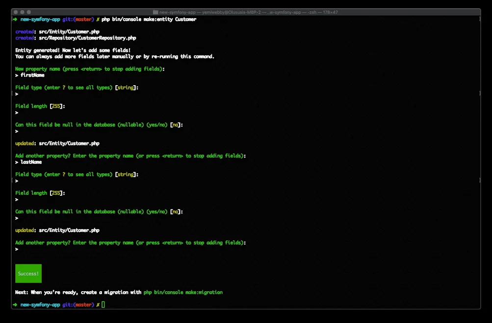 Creating entity using makerbundle
