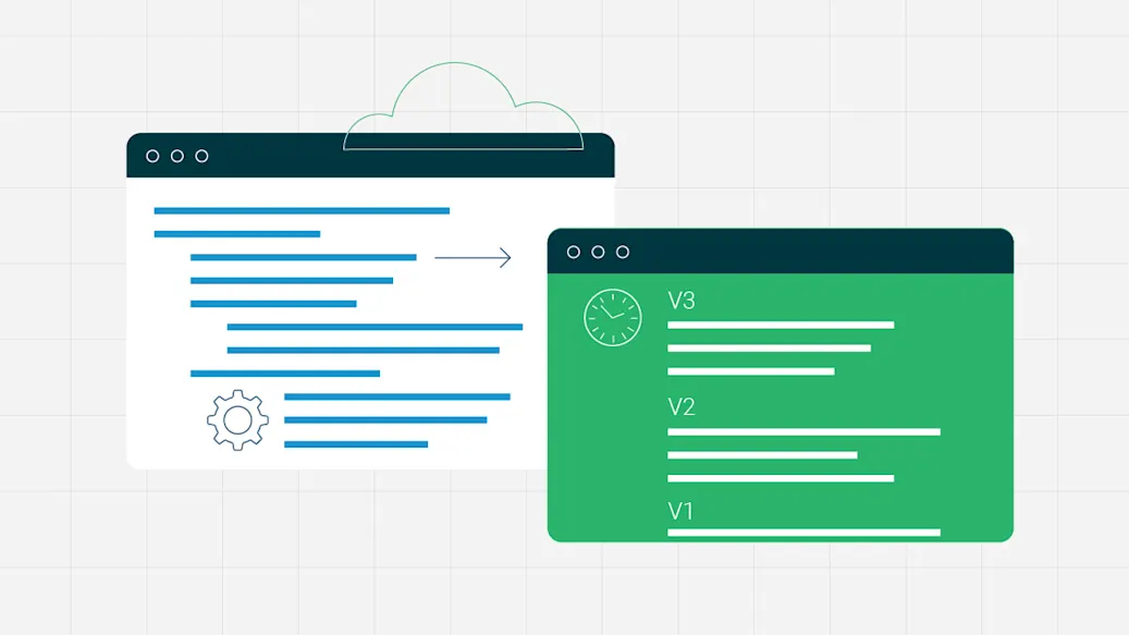 A stylized pair of code snippets shows two versions of configuration as code