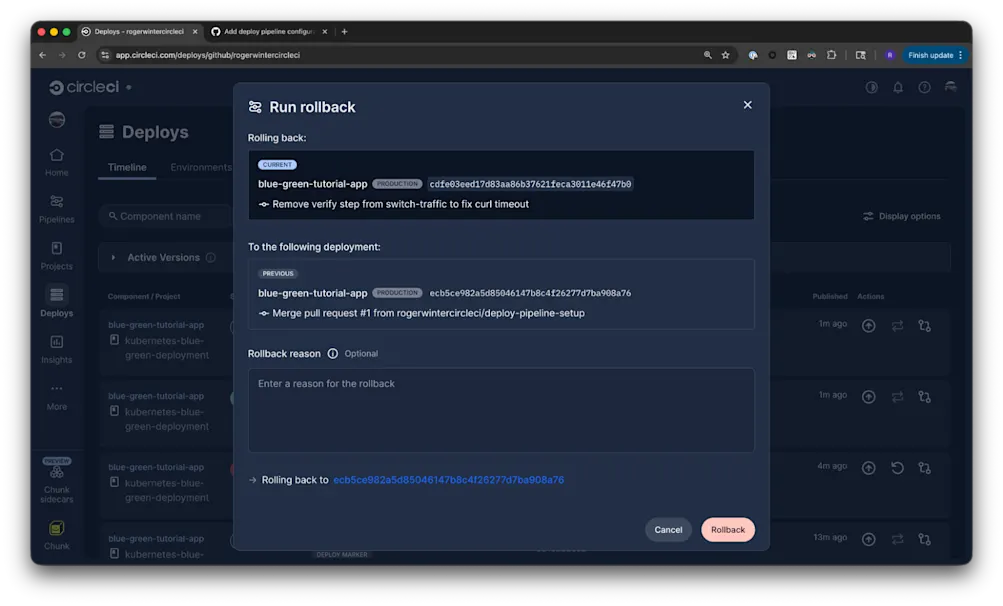 CircleCI "Run rollback" modal. The "Rolling back" section identifies the current blue-green-tutorial-app version, while "To the following deployment" shows the previous deployment SHA and its commit message. The dialog includes an optional rollback reason field and Cancel and Rollback buttons.