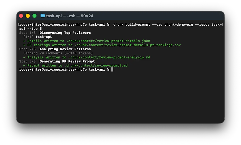 Terminal output of chunk build-prompt running three steps: Discovering Top Reviewers, Analyzing Review Patterns, and Generating PR Review Prompt, all completing successfully