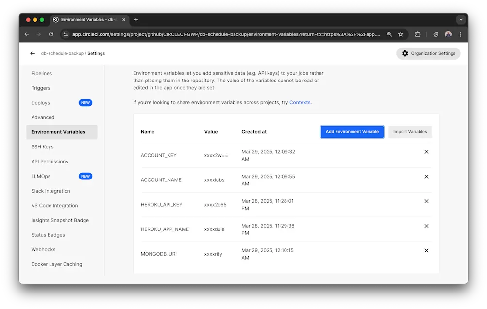 List of environment variables