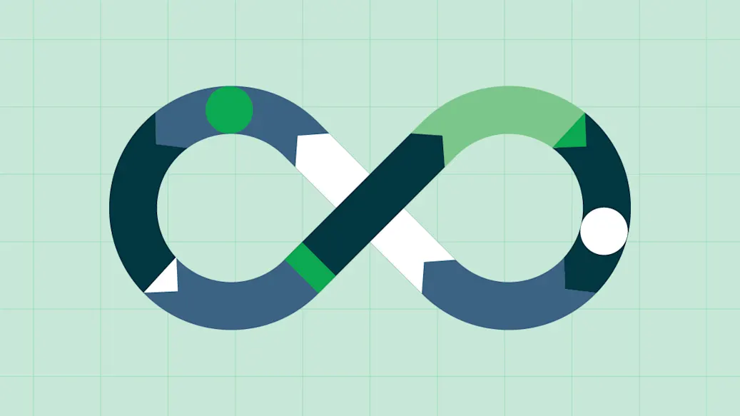 Graphic elements representing automated DevOps processes speed around an infinity-shaped track.