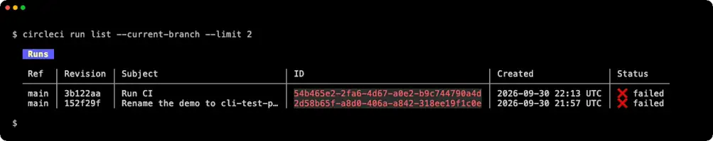 circleci run list as a table