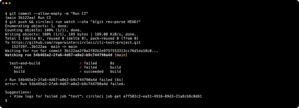 git push followed by circleci run watch reporting the run failed