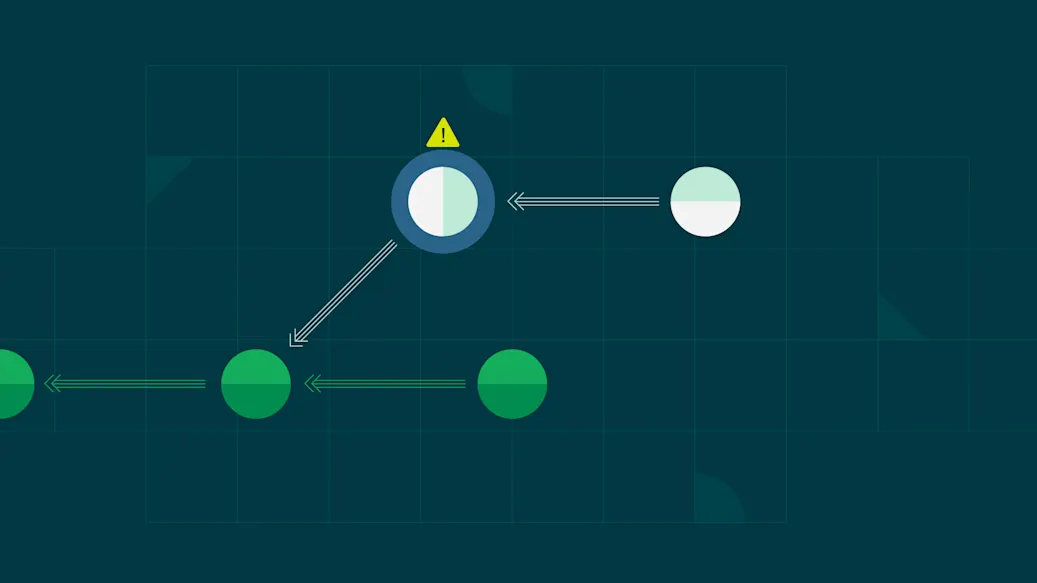 A series of green dots represents commits to main, while a branch points to a single commit representing a Git detached HEAD