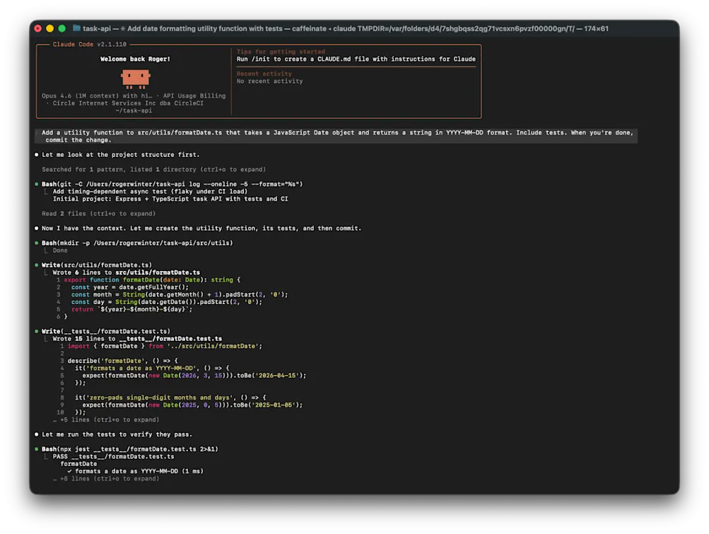 Claude Code session showing the agent creating a formatDate utility function and tests, then running Jest to confirm all tests pass