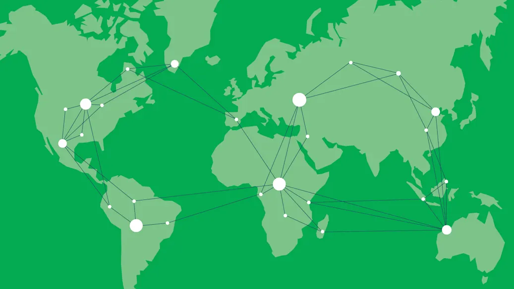 An infinite loop of connections hovers over a world map.