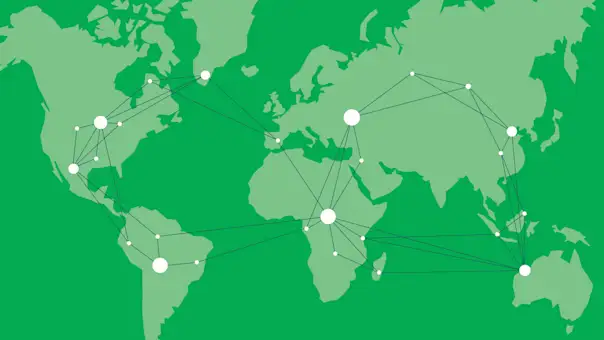 Stylized developers connect across a globe.