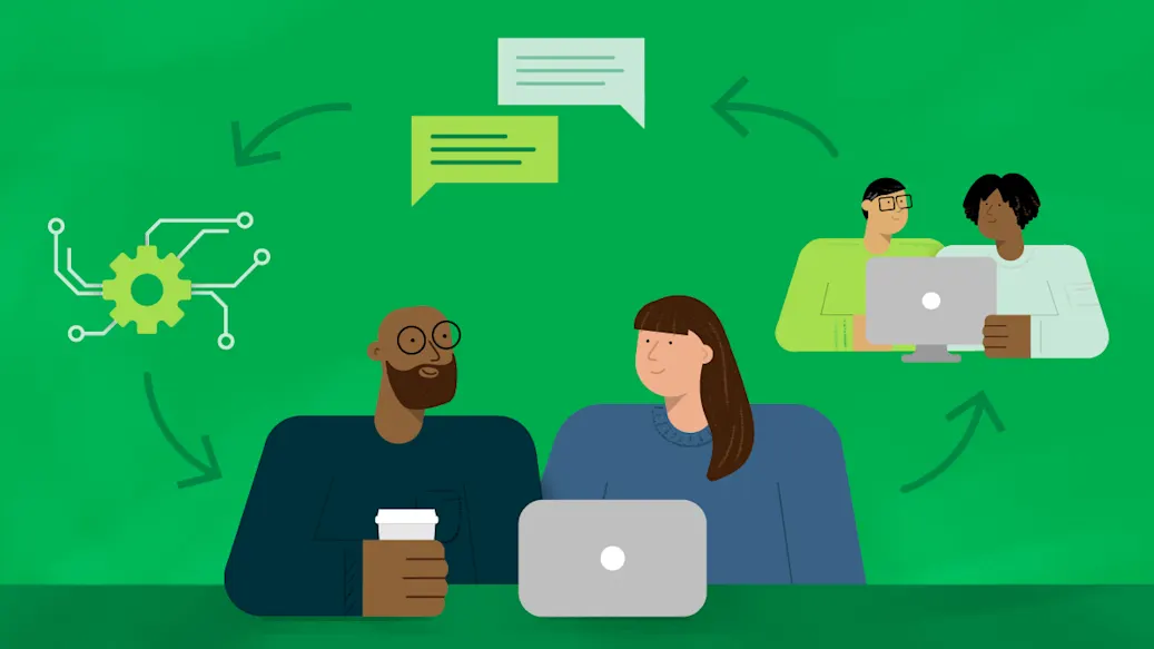Two pairs of developers monstrate DevOps principles of collaboration  and continuous feedback by working together on a shared project.