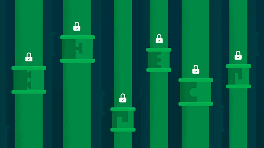 A series of vertical pipelines with lock mechanisms at various heights, each decorated with a large symbol.