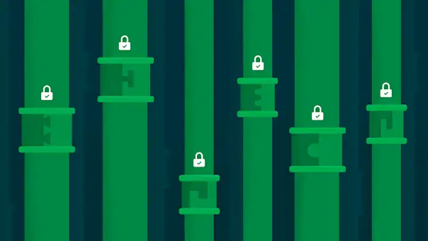 A series of vertical pipelines with lock mechanisms at various heights, each decorated with a large symbol.