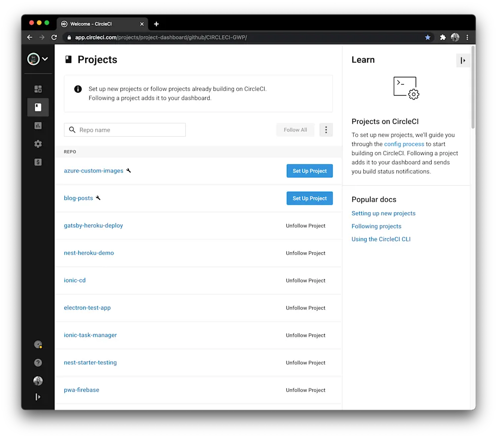 CircleCIにプロジェクトを追加