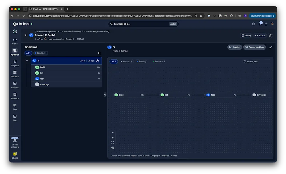 CircleCI pipeline running tests and building after being triggered via MCP from Cursor