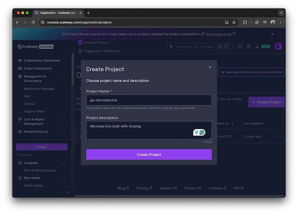 Scaleway project creation