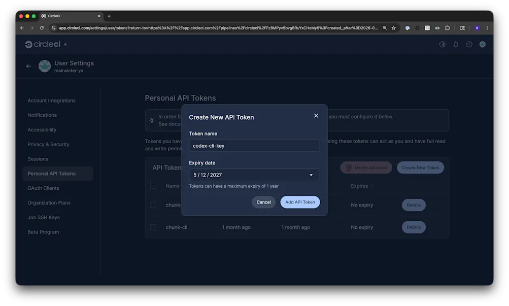 Creating a CircleCI API token for the CircleCI Codex CLI plugin authentication