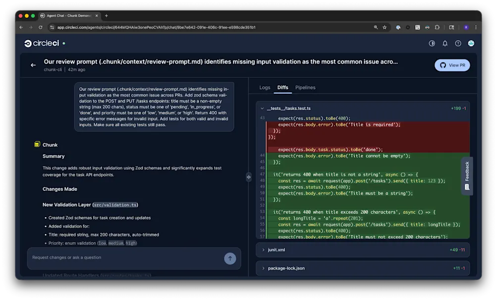 CircleCI pipeline showing the build-and-test workflow passing with all steps completed successfully, including checkout, cache, lint, and run tests