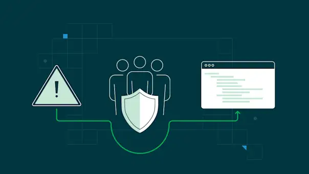 A chart of three items shows the flow of information from a problem, around a group of shielded people, to a stylized screen of successful code.