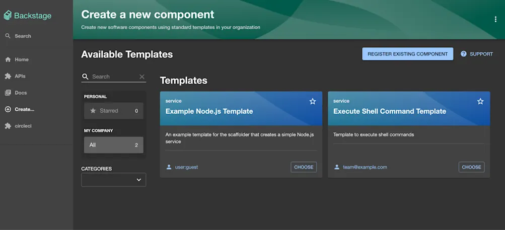 Backstage register existing component