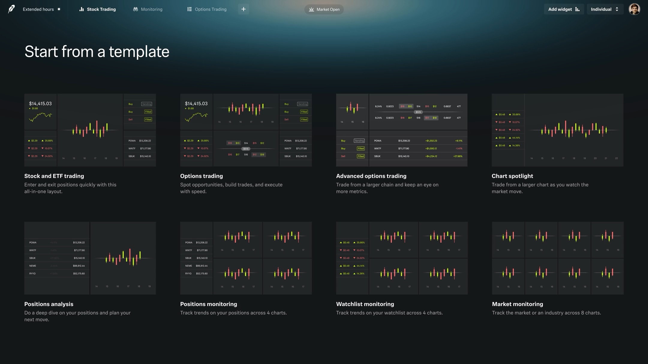 A grid canvas layout being populated by selecting one of several preset widget configurations