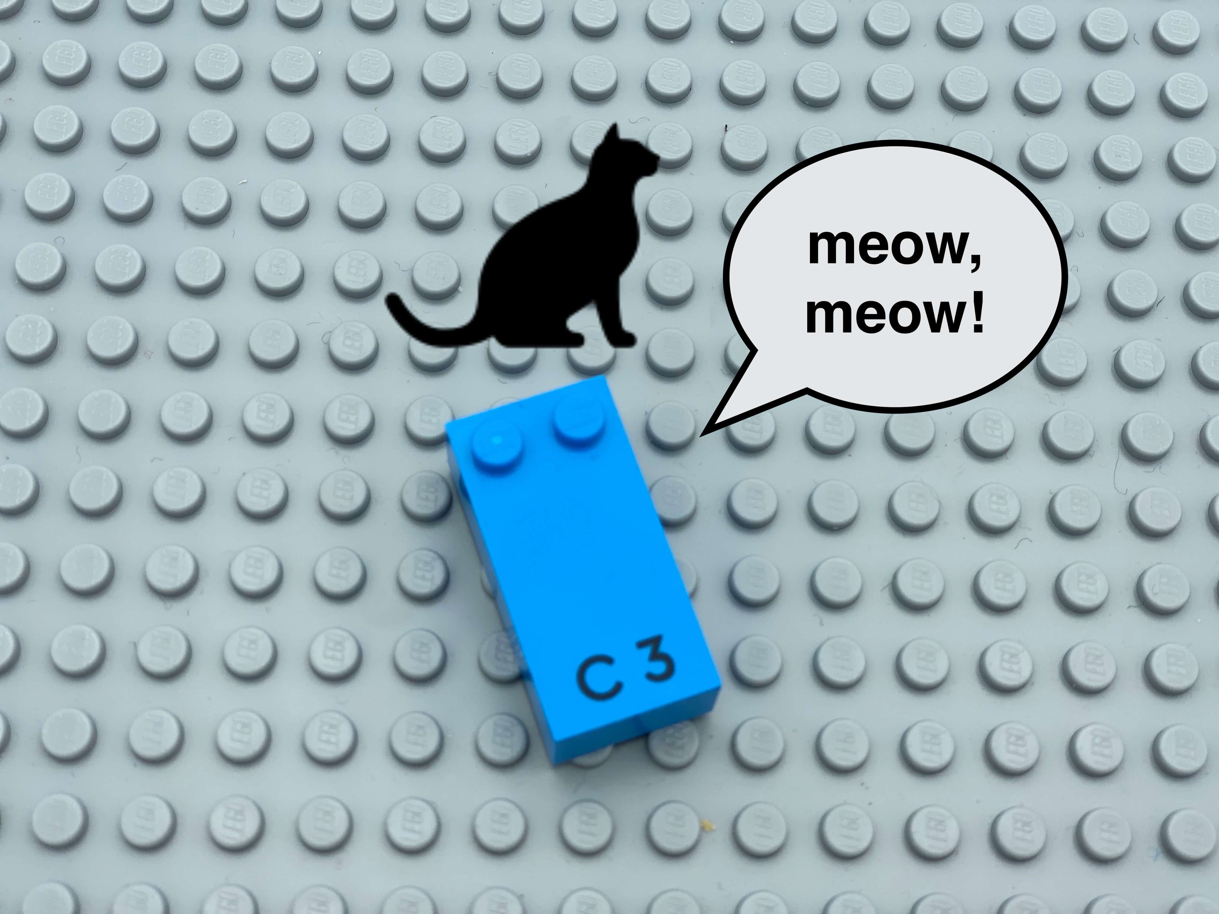 Letter brick c, speech bubble "meow, meow", a picture of a cat.