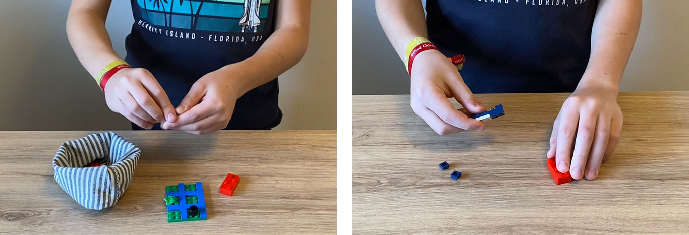 First photo: hands of a child attaching some lego bricks. On the table there is a fabric bag, a small braille cell made of lego, showing dot 1 and 5 and a letter e LEGO Braille Bricks. Second photo: hand of a child reading and comparing The LEGO Braille Bricks and the braille cell.