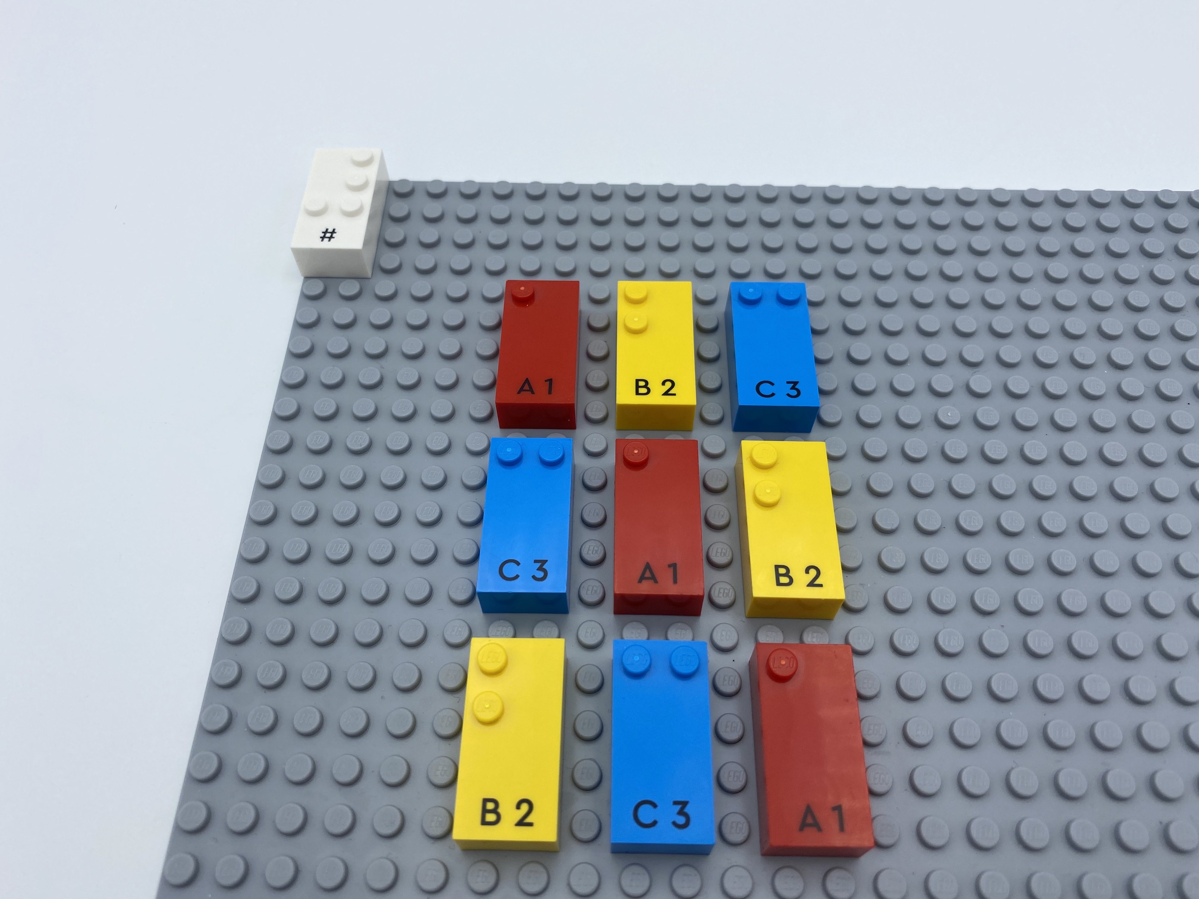 1st row of number bricks: 1, 2, 3
2nd row: 3, 1, 2
3rd row: 2, 3, 1 